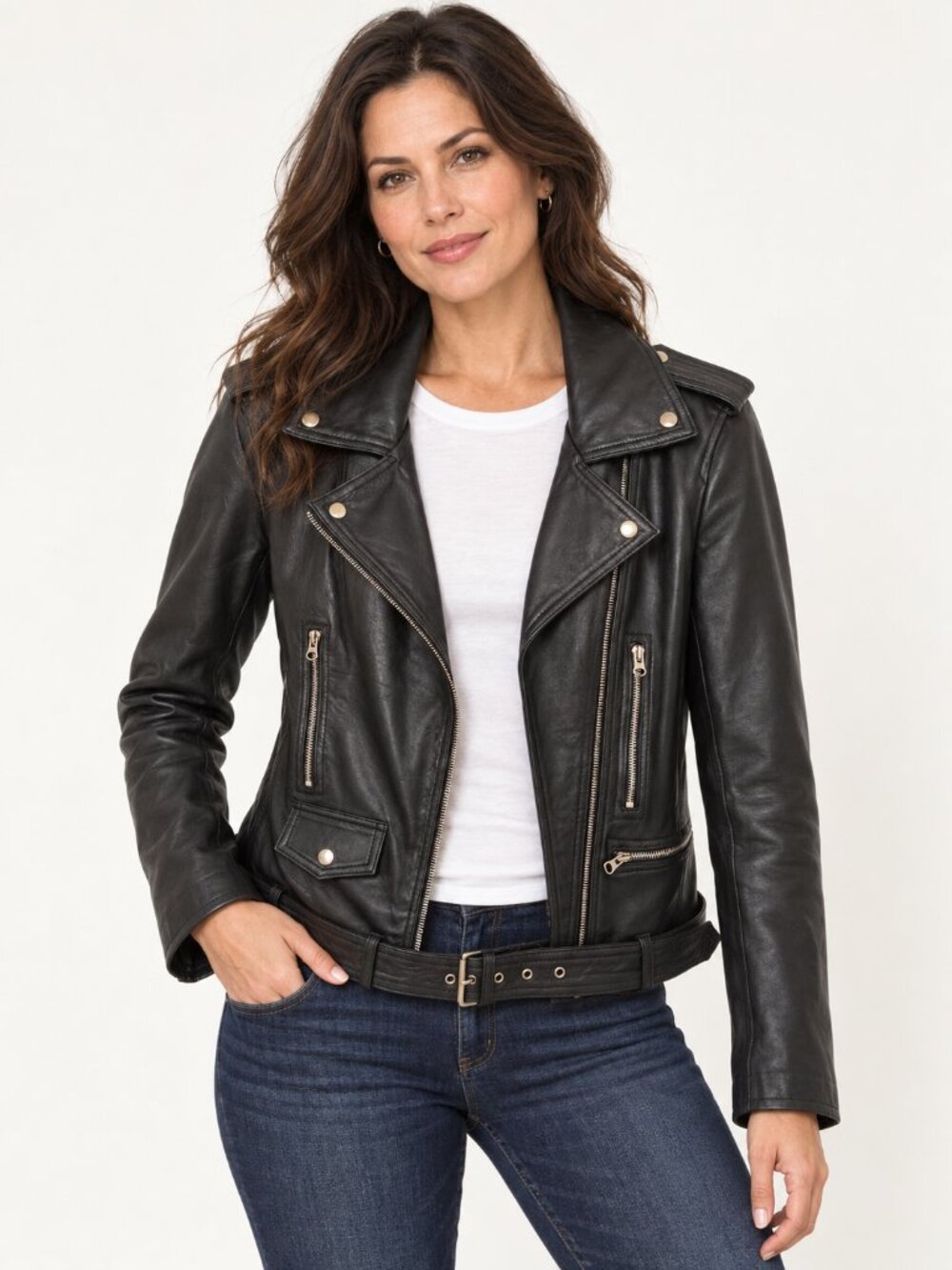 Women’s Black Genuine Leather Belted Moto Jacket NWOT